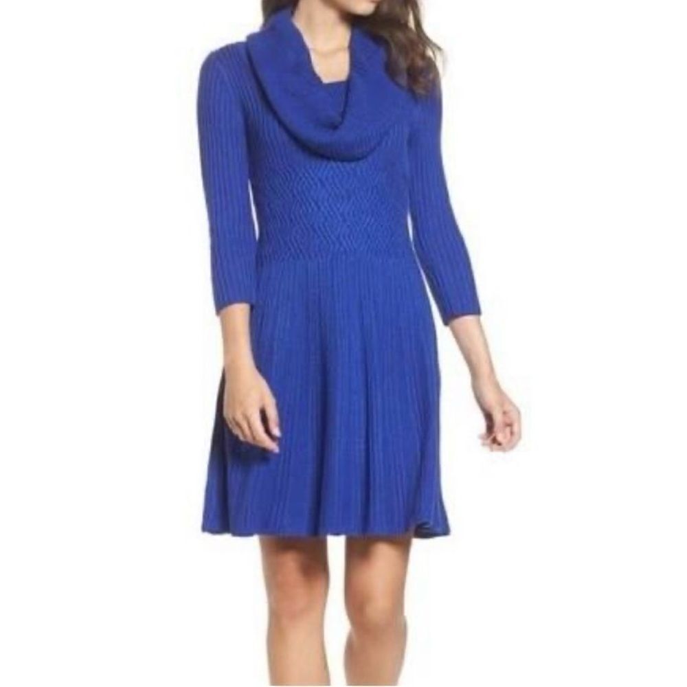 Eliza J Long Sleeved Cowl Neck Ribbed Knit Dress in Royal Blue Size S
